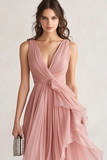 Blush Asymmetrical A Line Wedding Guest Dress With Ruffles